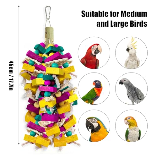 Large Bird Toys, Multi-Color Wooden Block with Bamboo Support Bird Chewing Toy Parrot Cage Bite Toy for Macaws Cokatoos African Grey and Large Medium Parrot Birds