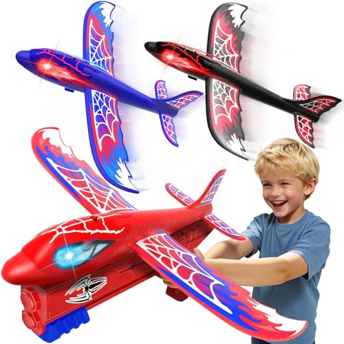 Cool Airplane Launcher Toy with Glowing Eyes & Web-Pattern Wings,2 Flight Modes Outdoor Games for Kids,Boys Toys Age 3-12,Birthday Gifts for 3 4 5 6 7 8 9 10 11 12 Year Old,Kids Gift(Red&Blue&Black)
