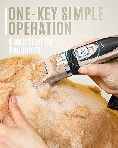 oneisall Dog Clipper Low Noise, Dog Grooming Kit with Rechargeable, Pet Shaver Cordless Electric Quiet Hair Clipper Set for Dogs Cats Pets（Gold）
