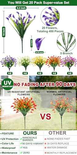 TURNMEON 20 Bundles Calla Lily (400 Heads) Artificial Flowers for Outdoors | Fake Plants UV Resistant Faux Plastic Fake Flowers for Indoor Planter Porch Gardens Home Summer Cemetery Decor(Color Mix)
