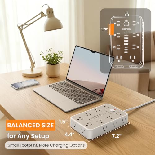 6 FT Surge Protector Power Strip with 6 USB, 16 Outlets, 2400J | 3 USB-A & 3 USB-C Ports, 1.7" Wide-Spaced Outlets, 1875W/15A, Flat Plug, 4-Sided Design for Home, Office, Dorm & Gaming