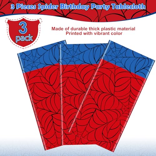 3Pcs Spider Web Themed Birthday Party Tablecloths Decorations,Red Blue Hero Plastic Table Cover Disposable Rectangle Table Cloth for Baby Shower Kids Boys Birthday Party Supplies,54x108 Inch