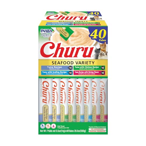 INABA Churu Cat Treats, Lickable, Squeezable Creamy Purée Cat Treat with Green Tea Extract & Taurine, 0.5 Ounces Each Tube, 40 Tubes, Tuna & Seafood Variety Box