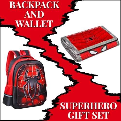 Red Superhero Wallet and Red Kids Backpack Gift Set | 12”x16”x6” Children's School Bags & 5”x10” Kids Wallet for Boys and Girls with Spidey Movie Theme - Back-To-School Bags