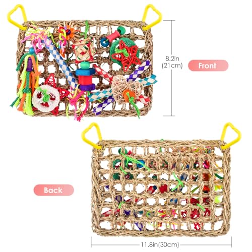 KATUMO Bird Toys, Bird Foraging Wall Toy, Edible Seagrass Woven Climbing Hammock Mat with Colorful Chewing Toys, Suitable for Lovebirds, Finch, Parakeets, Budgerigars, Conure, Cockatiel
