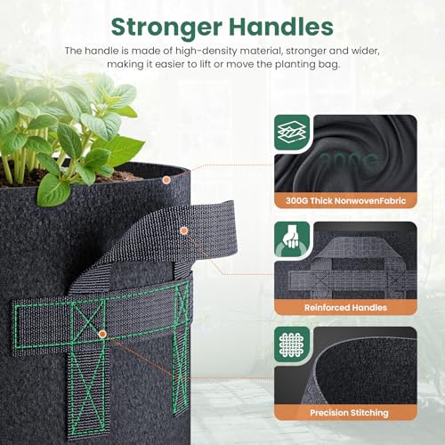 Jorvila 5-Pack 5 Gallon Grow Bags | Thickened Nonwoven Fabric Pots, Garden Grow Bags with Handles, Heavy Duty 300G Outdoor Planters