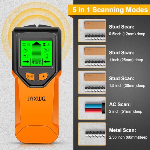 Stud Finder Wall Scanner - 5 in 1 Stud Finder Tool w/Smart Chip and HD LCD Display, Stud Detector Beam Finders for the Center and Edge of Wood AC Wire Metal Studs Joist Pipe (Orange Juice)