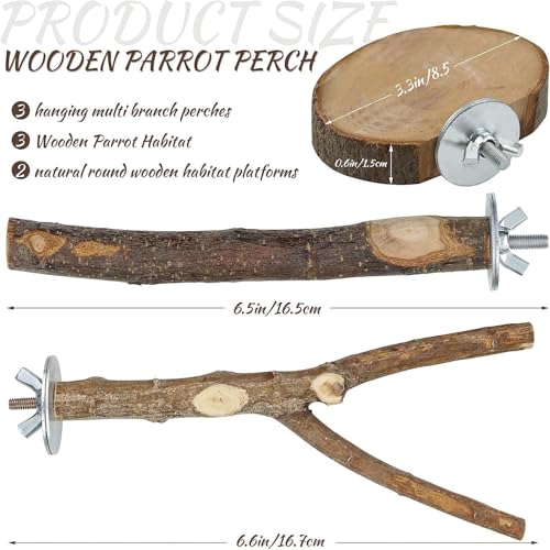 8-Piece Set Natural Wood Bird Perches - Wooden Parrot Stand with Fork Toys, Hanging Multi-Branch Platform, Hammock Swing - Suitable for Parakeets, Budgies - Durable Pet Bird Accessories