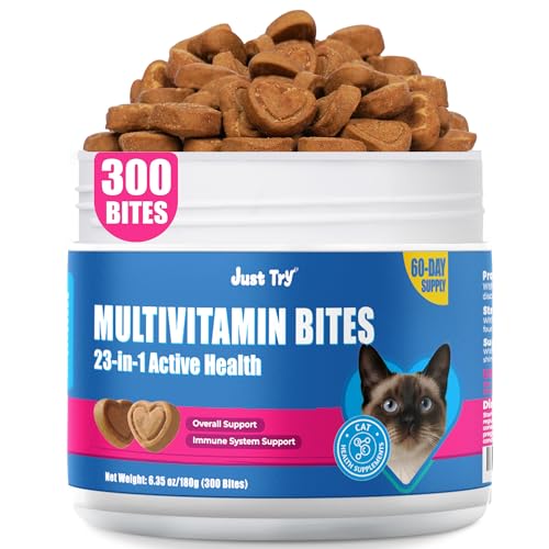 Just Try 23 in 1 Taurine for Cats Vitamins Treats with L-Lysine for Immune, Joint Support Skin & Coat & Heart Health - Multivitamin, HIV Omega 3, Biotin Supplements for Indoor & Senior Cat - 300 Bites