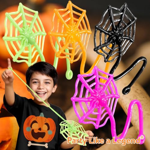 Glow Fever 24Pcs Sticky Spider Web Party Favors Pack, 7.5 inches in Total Length, Halloween Party Favors, Gifts For Birthday, Goodie Bag Classroom Prizes, 4 colors