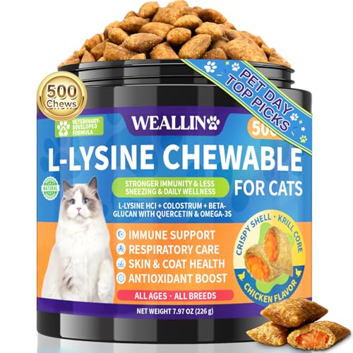 L-Lysine Chews for Cats 500 Chews, Immune & Respiratory Support Crunchy Shell with Krill Core, with Colostrum & Omega-3s for Sneezing and Runny Nose, Chicken Flavor, for All Ages & Breeds Cats