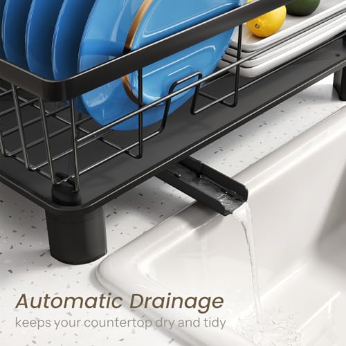 SNTD Dish Drying Rack - Space-Saving Dish Rack for Kitchen Counter, Stainless Steel Dish Drainer with Utensil Holder and Drainboard, 11" W x 15" L (Black)