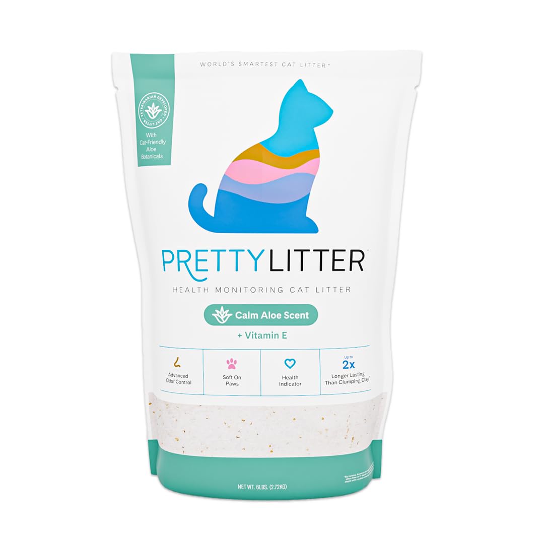 PrettyLitter Health Monitoring Cat Litter, Calm Aloe, 6 lb. Bag | Up to 1 Month Supply, Non-Clumping, Advanced Odor Control, Automatic Litter Box Compatible, Color Changing Silica Crystals
