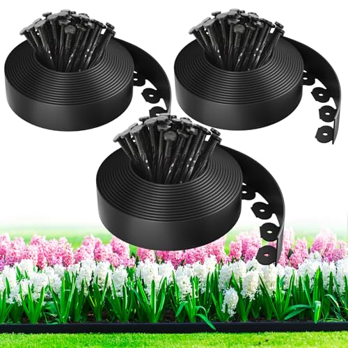 MIXC 100ft Landscape Edging Kit with 150 Spikes, Not Digging Flexible Plastic Edge Border for Landscaping, Lawn, Garden, Flower Beds, Yard, Paver, Playground, Pathway,3pack, 33ft Each,1.5in high