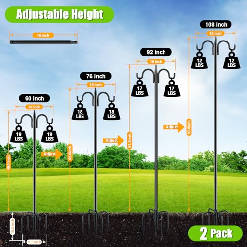 Gtongoko Double Shepherds Hook for Outdoor, 2 Pack 92 Inch Heavy Duty Bird Feeder Pole 3/4 Inch Thick Garden Hooks for Hanging Hummingbird Feeder, Plant Baskets, Solar Light Lanterns