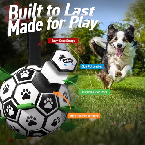 QDAN 6 Inch Dog Toys, Durable Floatable Dog Balls for Tug, Fetch, Herding and Water Play, Soft PU, World Cup Dog Soccer Ball with Straps for Small to Medium Dogs, Ideal Outdoor Play & Birthday Gift