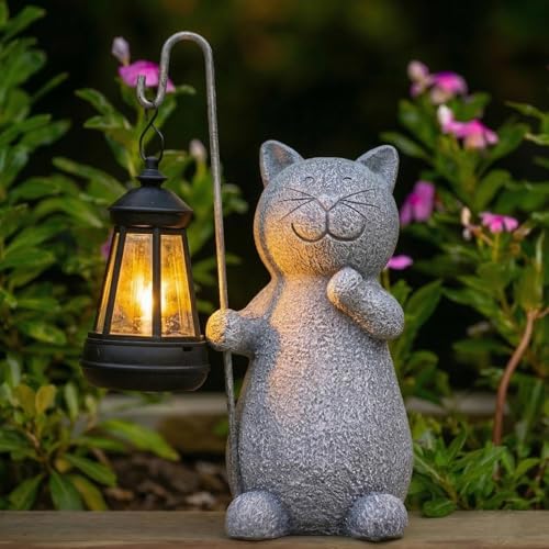 Qeeman Solar Cat Garden Statue: Weatherproof Resin Figurine with Warm Glow Lantern - Outdoor Decor for Yard Pathway Patio Porch Balcony - Gifts for Mom Grandma Cat Lovers