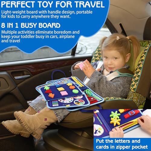 Esjay Toddler Busy Board Montessori Toys for Boys, Sensory Book Educational Activities for Learning Fine Motor Skills, Birthday Gifts for Boys Toddlers, Travel Toys for Airplane Car, Blue Dinosaur
