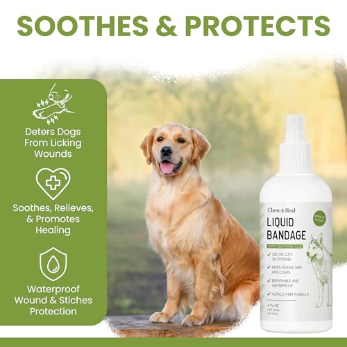Liquid Bandage for Dogs 4oz Waterproof Spray - Chew + Heal Labs Wound Care with Aloe for Cuts, Scrapes, Stitches, Paw Injuries - Breathable, Safe if Licked