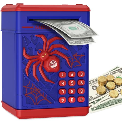 Spider Fingerprint Piggy Bank, ATM Piggy Bank for Kids Boys Girls, Kids Money Saving Box Money Safe (Blue)