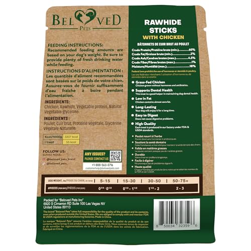 Beloved Pets Dog Treats & Long Lasting Rawhide Chews Wrapped Chicken 10.6 Oz – Pet Bones Sticks for Large, Medium & Small Breeds – Aggressive Chewers Snacks – Puppy Toys Treats