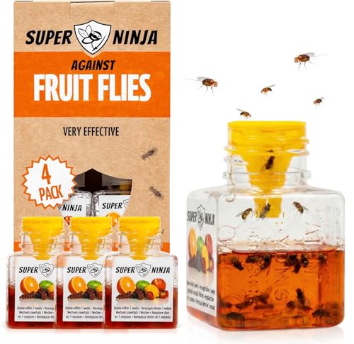 Super Ninja Fruit Fly Traps for Indoors - 4 Pack, Highly Effective Fruit Fly Catcher for Indoor Use for Home & Kitchen, Up to 3 Weeks of Performance per Bottle, Kid & Pet Friendly