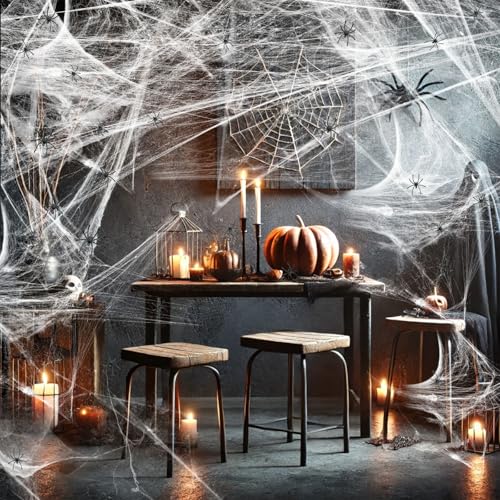 1200 sqft Halloween Spider Webs and 50pcs Fake Spiders Super Stretch Cobwebs Party Decorate for Halloween Theme Indoor and Outdoor Decoration