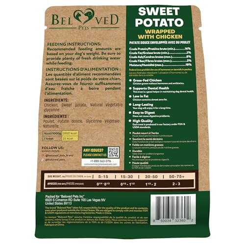 Beloved Pets Sweet Potato Dog Treats & Healthy Chicken Chews 10.6 Oz - Puppy Snacks & Soft Bones for Large, Medium & Small Breeds - Natural Dog Food & Grain-Free, Rawhide-Free Training Jerky Wraps