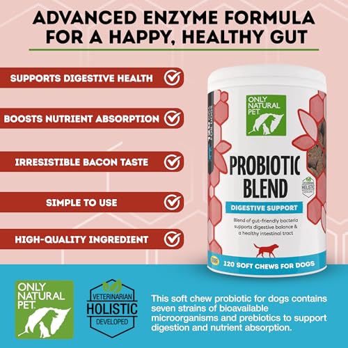 Only Natural Pet Probiotic Dog and Cat Supplement - Digestive & Gut Health Enzyme Formula, Puppy & Canine Digestive Chews, Best for Stomach Relief & Gas Aid - Soft Chews, 120 Count.