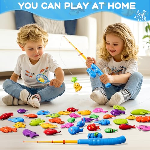 Magnetic Fishing Game Toys for Kids Toddlers 3-5 4-8, Water Table Bathtub Toys with Pole Rod Net Plastic Floating Fish, Water Bath Pool Outdoor Toys for Kids Toddlers Baby Age 3 4 5 6 7 8 Year Old