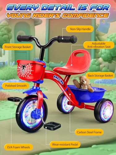 Tricycle for Toddlers 1-3 3-5 Year Olds, Spider Toddler Bike Baby Balance Bike with Colorful Lighting Wheels & Large Basket, Birthday Gift and Toy for 1 2 3 4 5 Year Olds Boys and Girls
