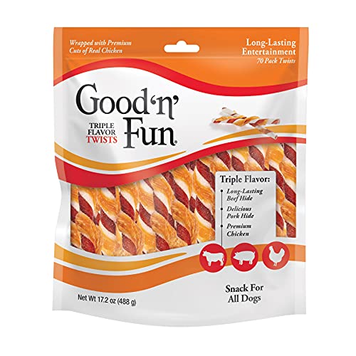 Good ‘n’ Fun Triple Flavor Twists for All Dogs, Treat Your Dog to Long-Lasting Chews Made with Beef Hide, Pork Hide and Chicken, 70 Count