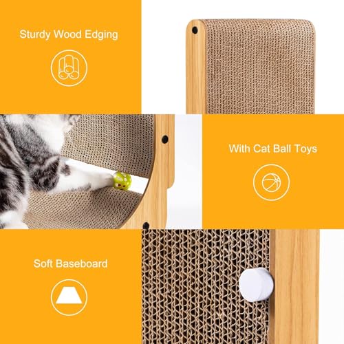 Poils bebe L Shape Cat Scratcher, 26.8 Inch Cat Scratchers for Indoor Cats, Protecting Furniture Cat Scratch Pad, Cardboard Cat Scratching with Ball Toy, Catnip, Large