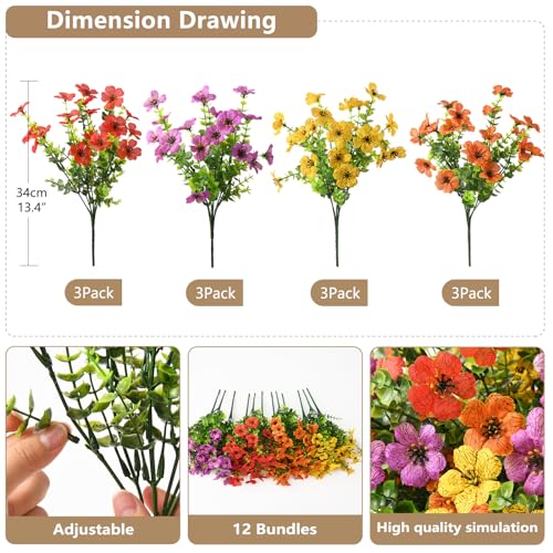 ZFProcess Artificial Flowers Faux Plants Outdoor Fake Flowers Spring Decor,12 Bundles Realistic Plastic Plant Colorful Daisy UV Resistant for Porch Patio Home Yard Garden Window Box Pot Planters