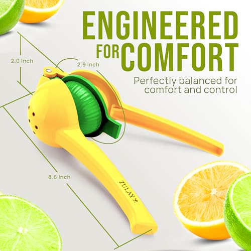 Zulay Kitchen Metal 2-in-1 Lemon Squeezer - Sturdy Max Extraction Hand Juicer Lemon Squeezer Gets Every Last Drop - Easy to Clean Manual Citrus Juicer - Easy-Use Lemon Juicer Squeezer - Yellow/Green