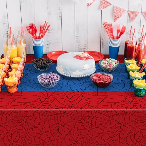 3Pcs Spider Web Themed Birthday Party Tablecloths Decorations,Red Blue Hero Plastic Table Cover Disposable Rectangle Table Cloth for Baby Shower Kids Boys Birthday Party Supplies,54x108 Inch