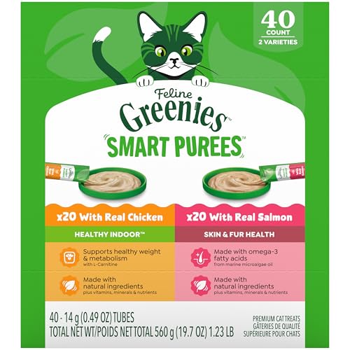 Greenies Feline Smart Purees Healthy Indoor and Skin & Fur Health Lickable Cat Treats, with Real Chicken, with Real Salmon, 0.49 oz. Tubes, 40 Count