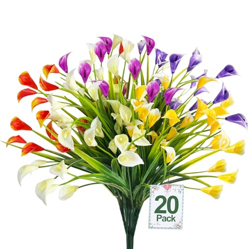 TURNMEON 20 Bundles Calla Lily (400 Heads) Artificial Flowers for Outdoors | Fake Plants UV Resistant Faux Plastic Fake Flowers for Indoor Planter Porch Gardens Home Summer Cemetery Decor(Color Mix)
