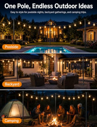4 Pack String Light Poles for Outside with Ground Stakes and Fence Clips | Adjustable 7-section metal patio light poles for string lights and lanterns; for garden, patio, backyard and outdoor decor.