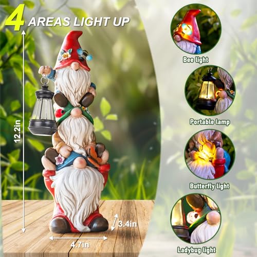 twinbling 12 in Garden Gnome Statue with Solar Lights Birthday Gift for Mom Woman Grandma Garden Sculptures Funny Triple Gnome Outdoor Patio Lawn Yard Balcony Home Decor