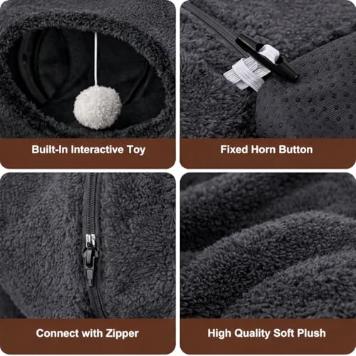 Cat Tunnel Bed with 2 Catnip Fish Toys (1000mg Natural Catnip) Interactive Cat Toys, Cat Tubewith Kitten Toys for Indoor Kittens, Collapsible Play Tunnel, Dark Grey