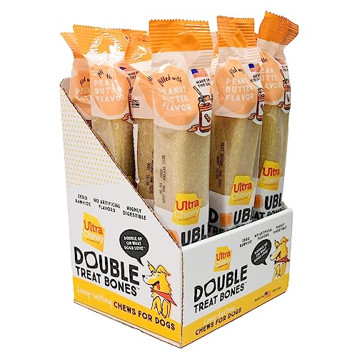 Ultra Chewy Peanut Butter Double Treat Bones: Long-Lasting Dog Treats Made in USA for Large and Small Breeds, Highly Digestible, Ideal for Aggressive Chewers (12 Count)