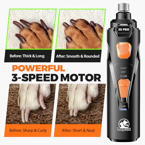 Whisper Quiet Dog Nail Grinder with 4 LED Lights, Safe & Stress-Free for Sensitive Dogs Cats of All Breeds & Sizes, 3 Grinding Bits, 3-Speed, Pet Nail Trimmers, Rechargeable Painless Grooming Kit
