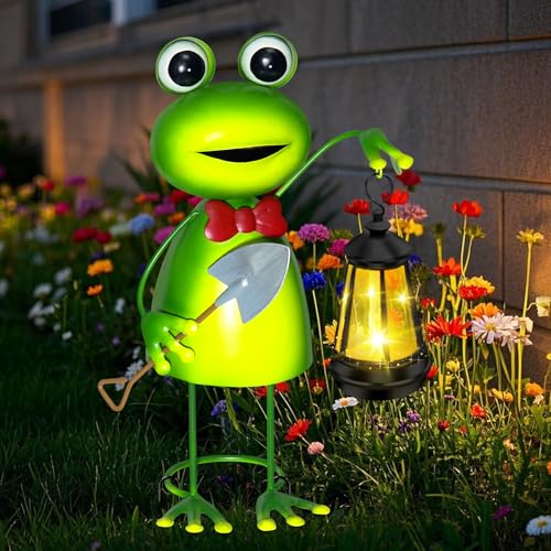 Solar Garden Lights 13.78in Tall Metal Frog Statue with Solar Lantern Decor | Big Frog decor,Birthday Gifts for Women Mom,Fairy Garden Accessories Decorative Stakes for Home decor,Patio,Porch,Yard Art