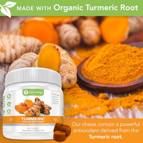 Turmeric for Dogs, Organic Curcumin Joint Supplement, 60 Chews | Helps support hips, mobility and a healthy inflammatory response; made with collagen and BioPerine for absorption