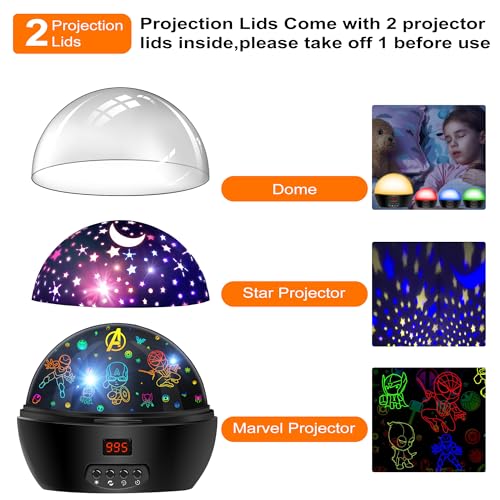 MOKOQI Kid Light Projector Superhero Toys for Boys 5-7 Avengers Night Light Projector with Timer for Kids Room, 360 Degree Rotation Toddler Nightlights with Spiderman Figurine Star Lamps