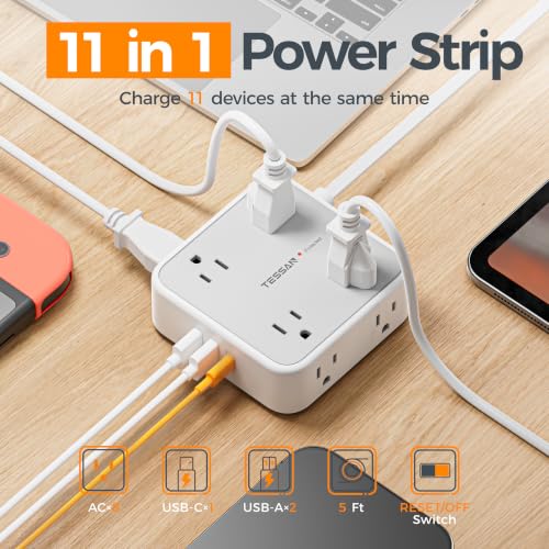 TESSAN Surge Protector Power Strip with 900J Surge Protection, 5 Ft, Grey | 8 AC with 3 USB Ports (1 USB C), Flat Plug Extension Cord, 3 Sided Outlet Extender with Power Switch for Office, Dorm