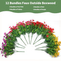 Artificial Flowers for Indoor & Outdoor Decoration - 12 Bundles Faux Daisies with Eucalyptus Leaves Fake Greenery for Garden, Home, Porch, Patio, Boxwood (12 Pcs Mix Pink Red Purple Yellow)