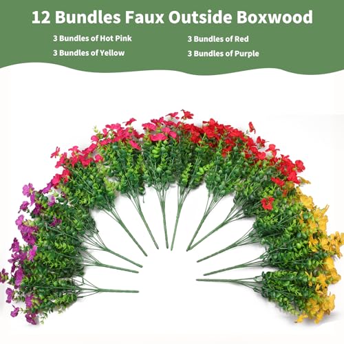 Artificial Flowers for Indoor & Outdoor Decoration - 12 Bundles Faux Daisies with Eucalyptus Leaves Fake Greenery for Garden, Home, Porch, Patio, Boxwood (12 Pcs Mix Pink Red Purple Yellow)