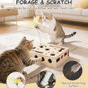 Cat Toys for Indoor Cats - Interactive Box Puzzle Toy Nail File Scratcher Hunting Play Toy with 3 Jingle Balls & 1 Feather Wand, Wooden Puzzle Treat Toy Box Energize Cat Instincts for Bored Cats